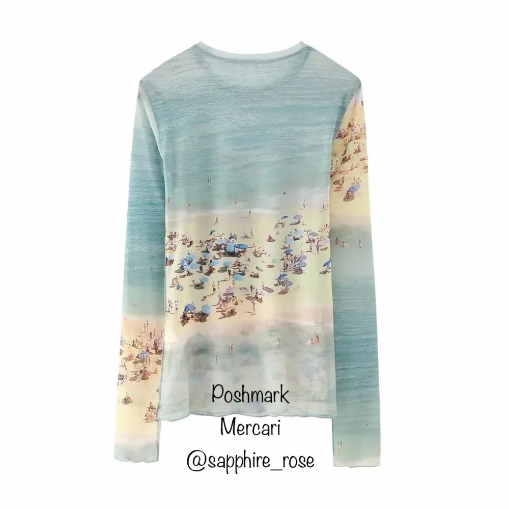 Vintage Beach Print Mesh LS Womens Top Med Ocean Coastal Chic Shirts Clothes NEW